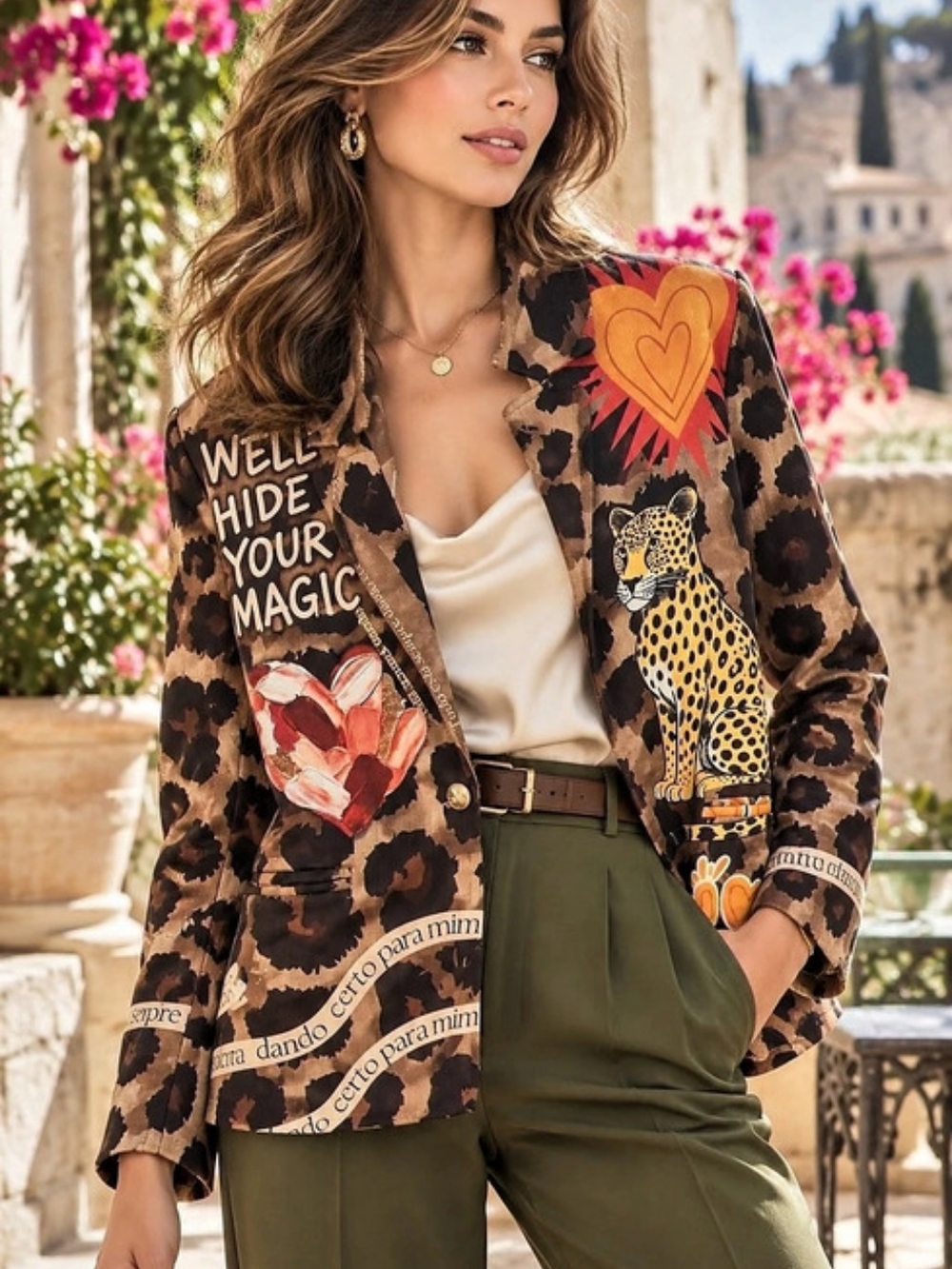 229 Made In Itlay Graphic Animal Print Blazer in Brown & Green